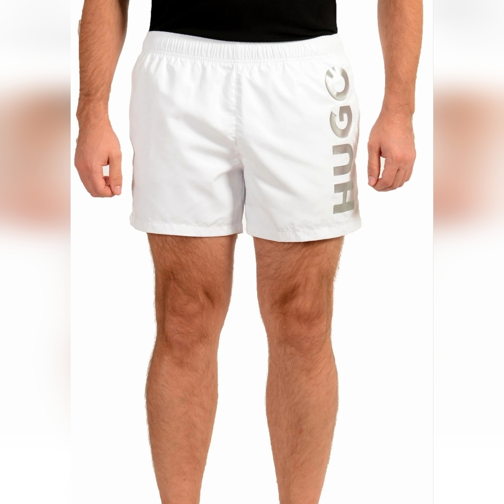 Hugo Boss Men's "ABAS" White Logo Print Swim Board Shorts